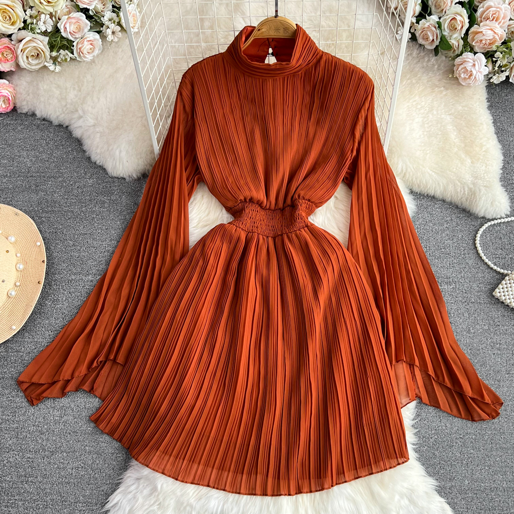 Horn Long Sleeves Stand Collar Waist A line Chiffon Dress Orange - Shop at LoveMi