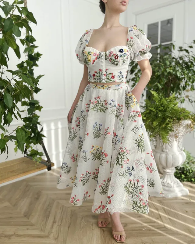 Women's Fitted Waist Backless Embroidered Skirt Two piece Set White - Shop at LoveMi