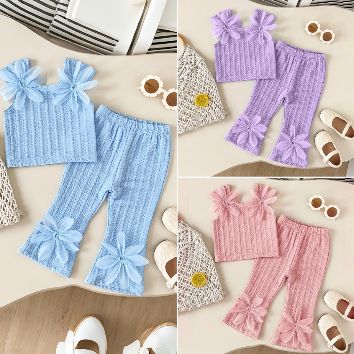 Summer 3D Floral Strap Top Pants For Baby Girls