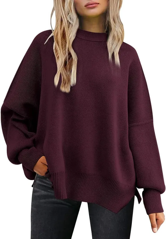 Women's Knitted Side Slit Pullover Wine Red - Shop at LoveMi