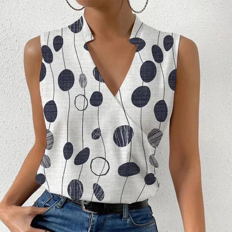 Casual Printed Tops Summer V-neck Sleeveless T-shirt Womens Clothing - Figure 1