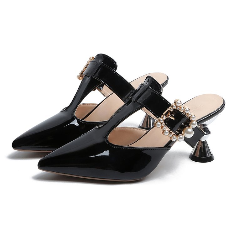 Summer Fashion Pointed toe Slip on High Heel Large Size Belt Pearl Round Buckle Sandals Black - Shop at LoveMi