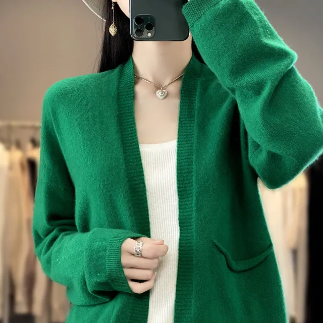 Spring And Autumn New Cardigan Solid Color And V neck Thin Loose Slimming And All matching Coat With Pocket Emerald L - Shop at LoveMi