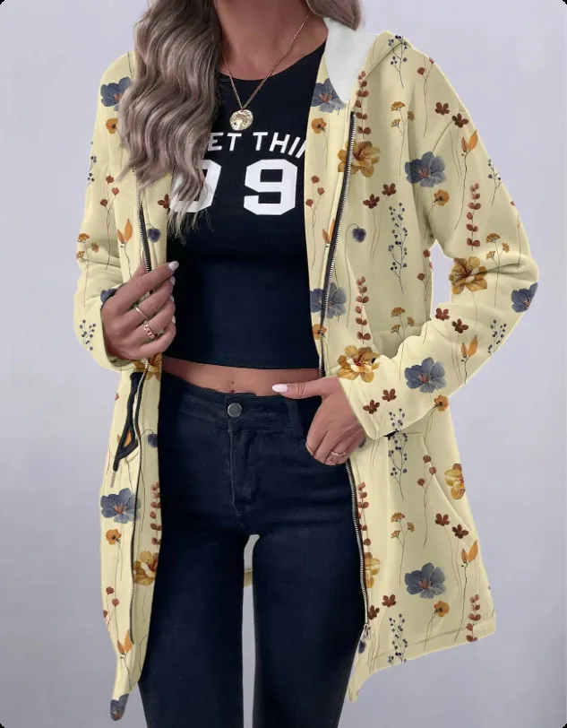 Mid length Zipper Printed Hooded Long Sleeve Coat Yellow - Shop at LoveMi