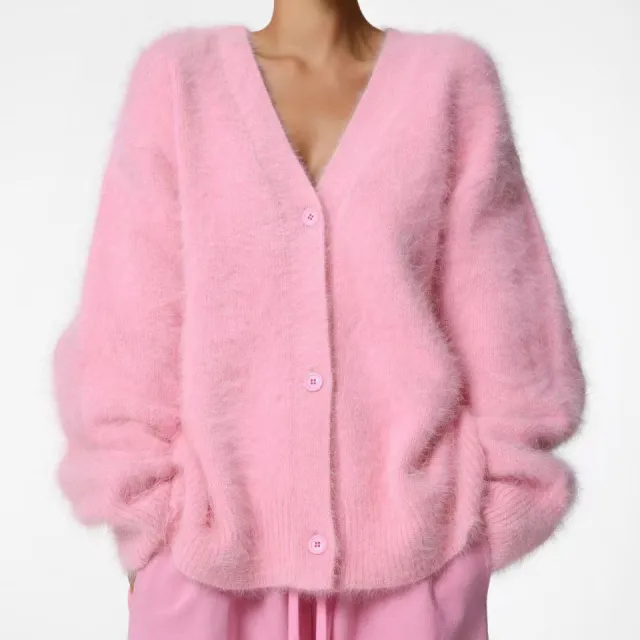 Cross border Spring And Autumn Imitation Marten Cardigan Women Idle Style Loose Sweater Coat Soft Long sleeved Sweater Women Pink - Shop at LoveMi