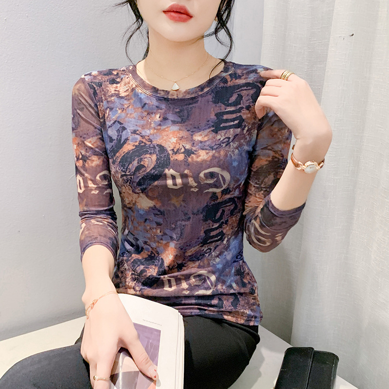 Fall Winter Fashion Voile Printed Long Sleeve Round Neck Slim-fit Tops