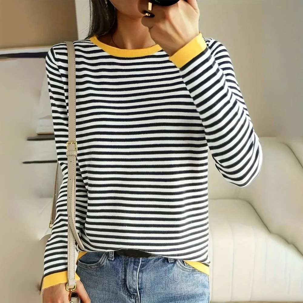 Women's Round Neck T-shirt With Long Sleeves Hoodie Stripes