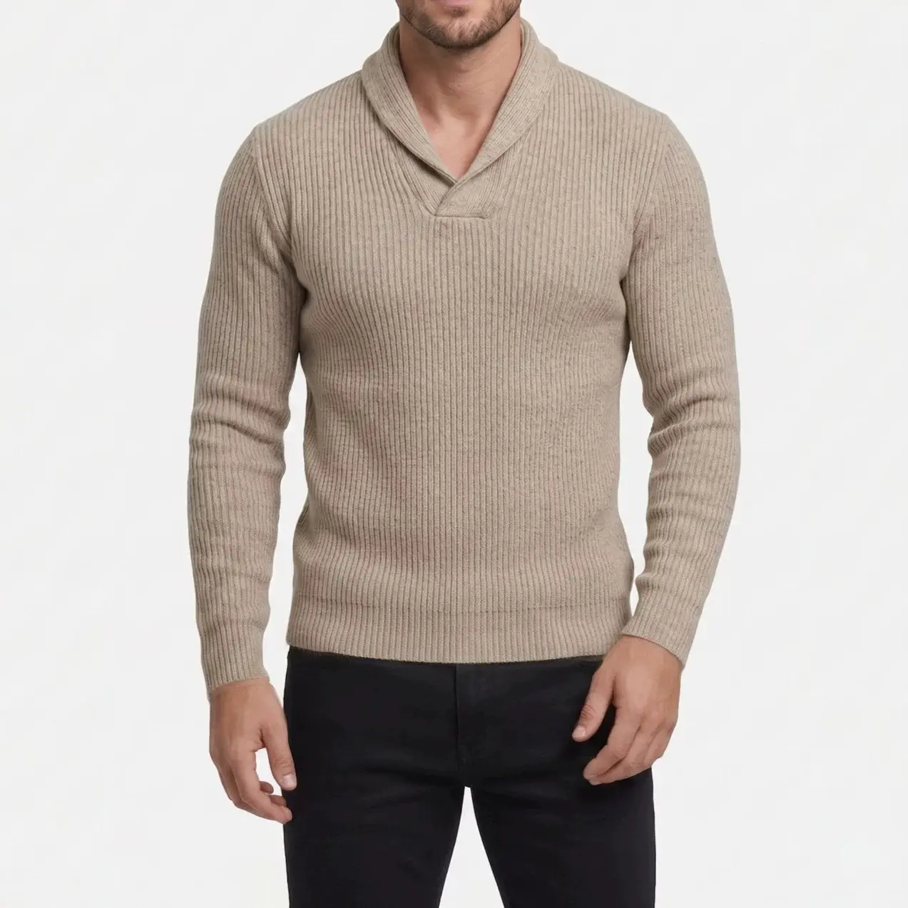 Mens Long-sleeve V-neck Slim-fit Knit Sweater