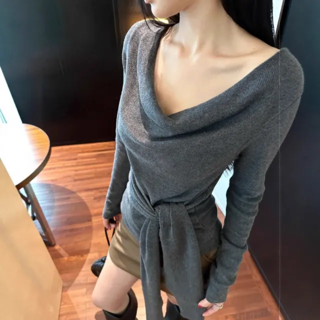 Women's Shoulder Waist Trimming Knitted Long Sleeve Gray - Shop at LoveMi