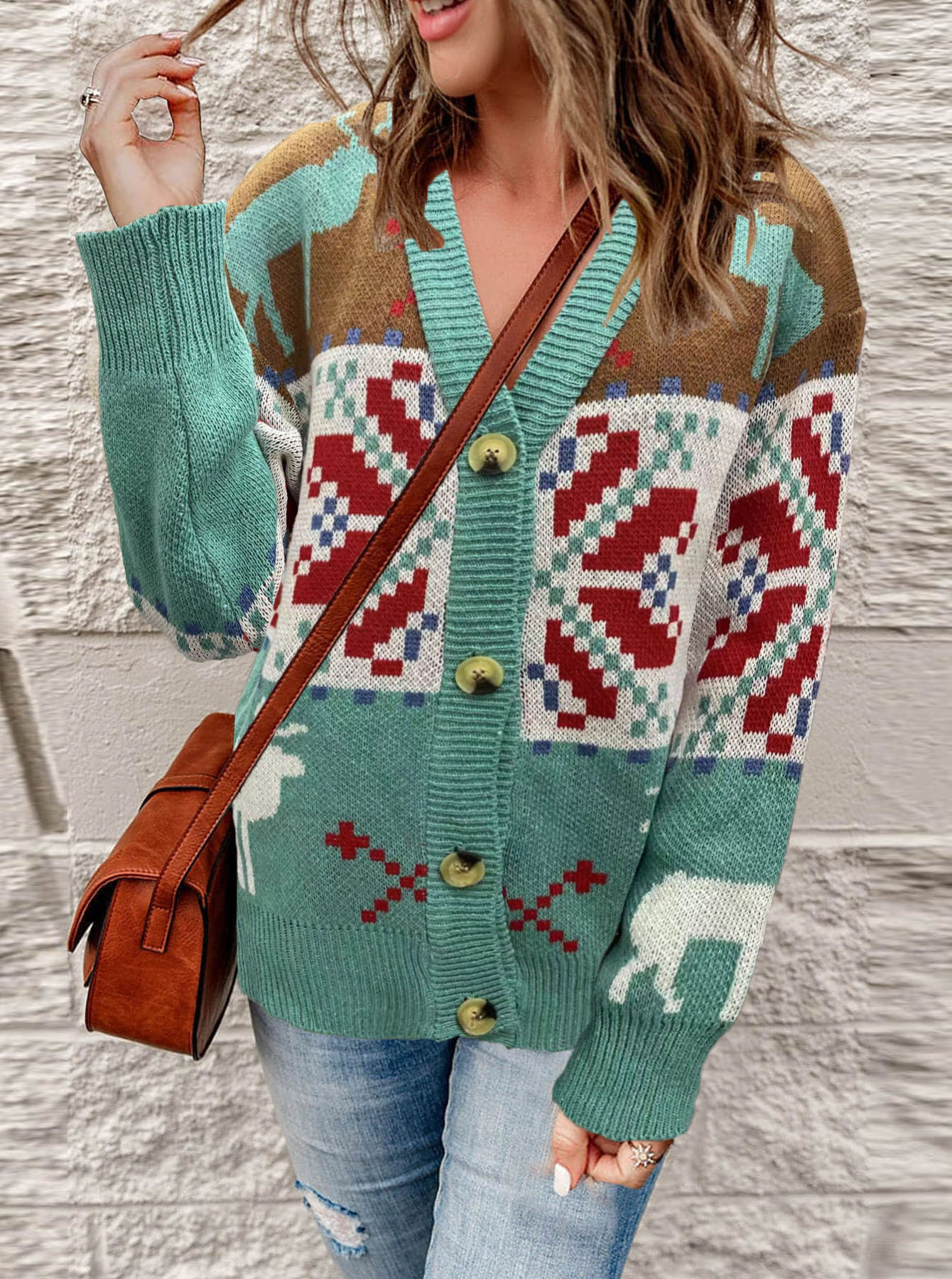 Knitted Cardigan Christmas Sweater Coat Emerald L - Shop at LoveMi