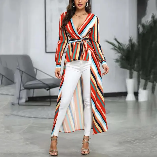 Rainbow Stripes Deep V neck Slim fit Front Short Back Large Coat Rainbow Color - Shop at LoveMi
