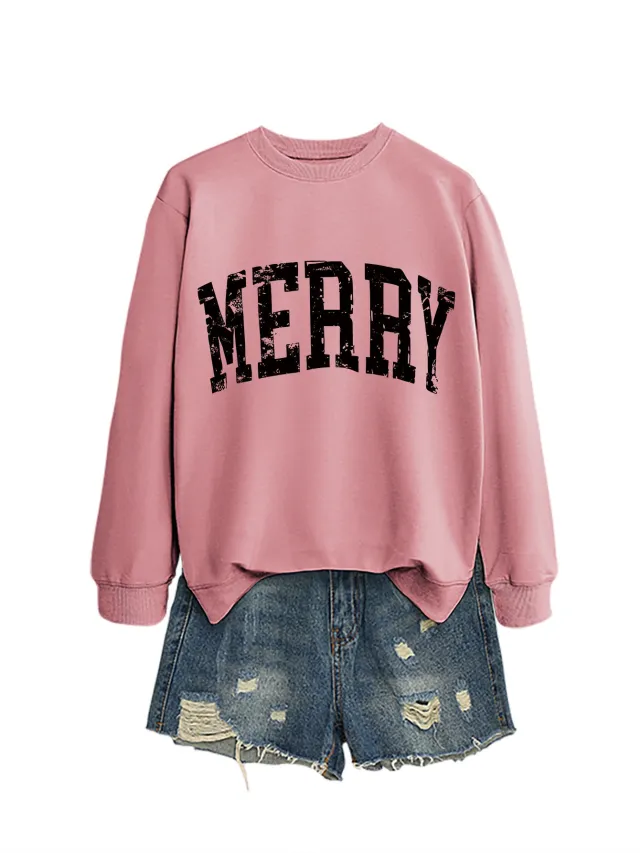Casual Women's MERRY Letter Print Sweatshirt Rose Gold - Shop at LoveMi