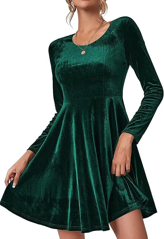 Womens Solid-Color Long-Sleeve Crew-Neck Velvet Maxi Dress For Valentines Day - Green