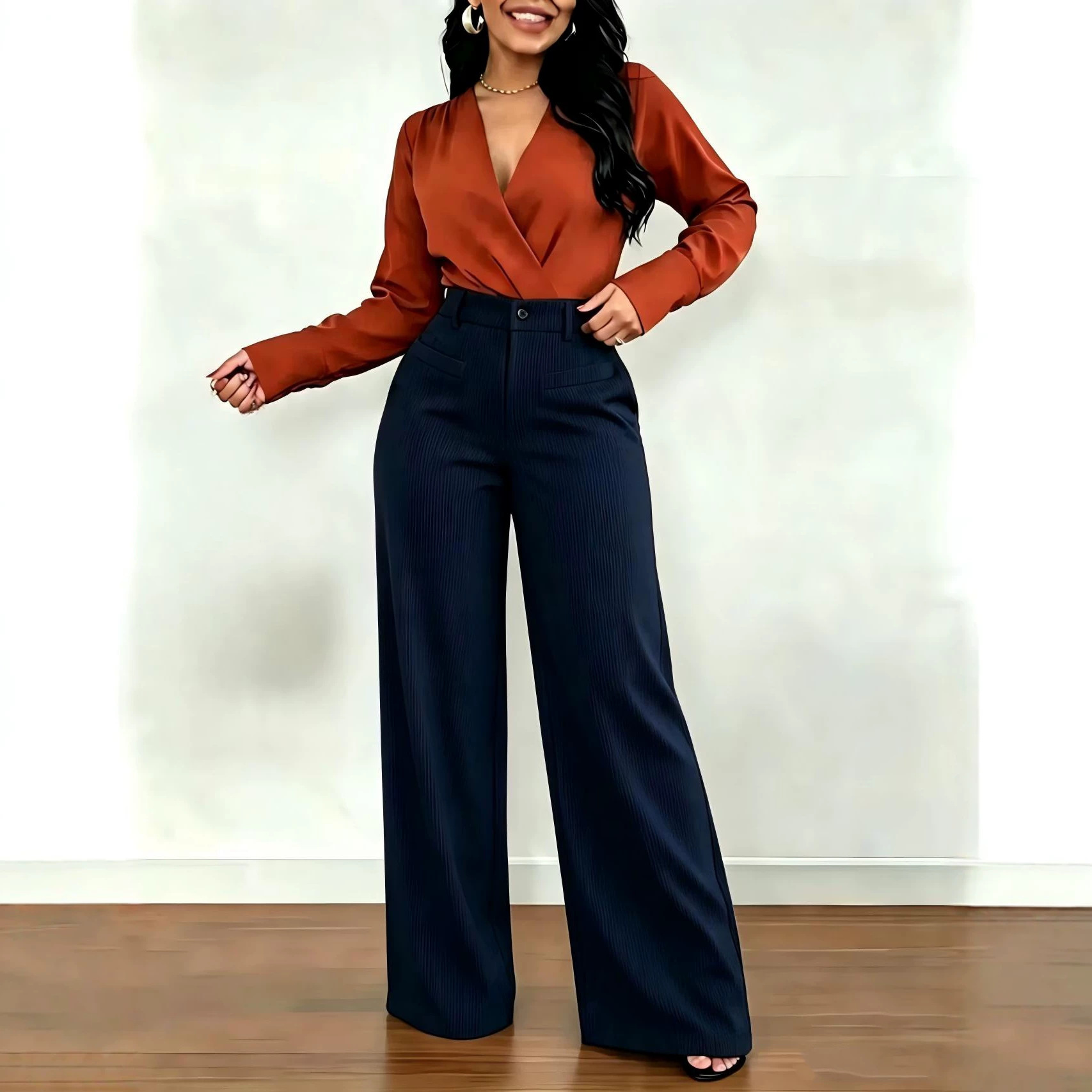 Pantalon femme uni chic décontracté, coupe ample à jambes larges fuselées, effet amincissant, tombé fluide