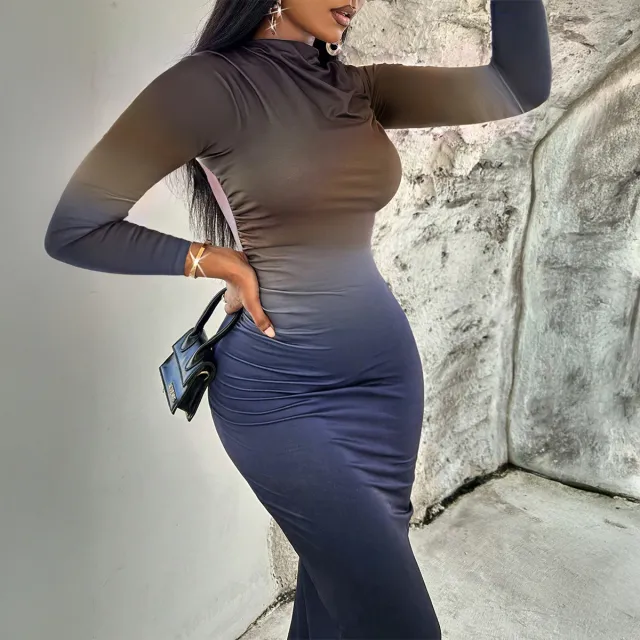 Slim fit Contrast Colors Blooming Mid length Sheath Long Sleeve Dress Blue - Shop at LoveMi