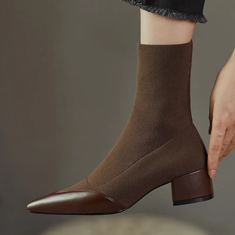 Women's Fashion Woolen Yarn Boots Pointed Chunky Heel Short Boots - Brown