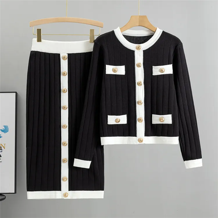 Skirt Knitted Cardigan Two-piece Set Dress For Women Autumn And Winter - Black