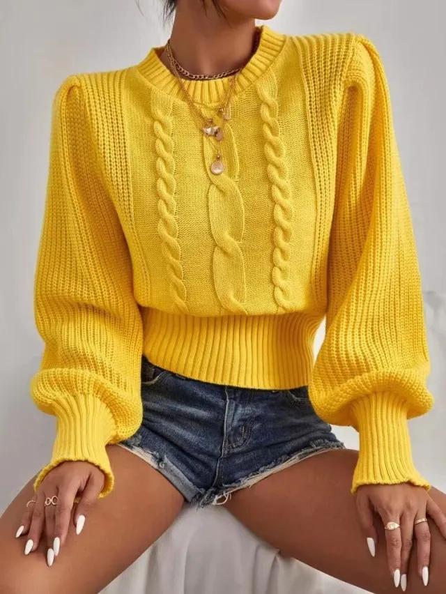Women's Knitwear Round Neck Loose Sweater Yellow - Shop at LoveMi