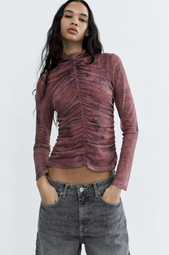 Pleated Half Turtleneck Silk Net Printed Top