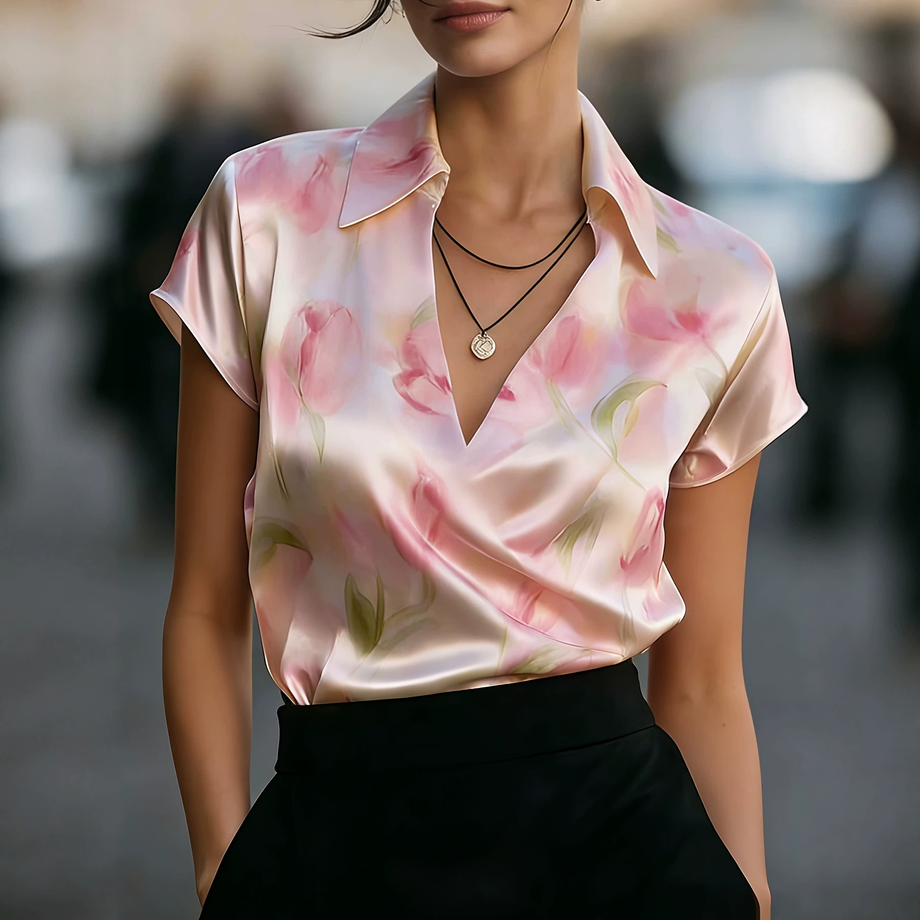 Fashion Satin V-neck Flower Print Short Sleeve
