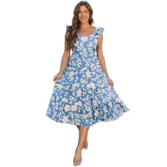 European And American Fashion Floral Print U-collar Dress - Blue - View 1