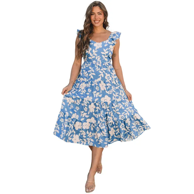 European And American Fashion Floral Print U collar Dress Blue - Shop at LoveMi
