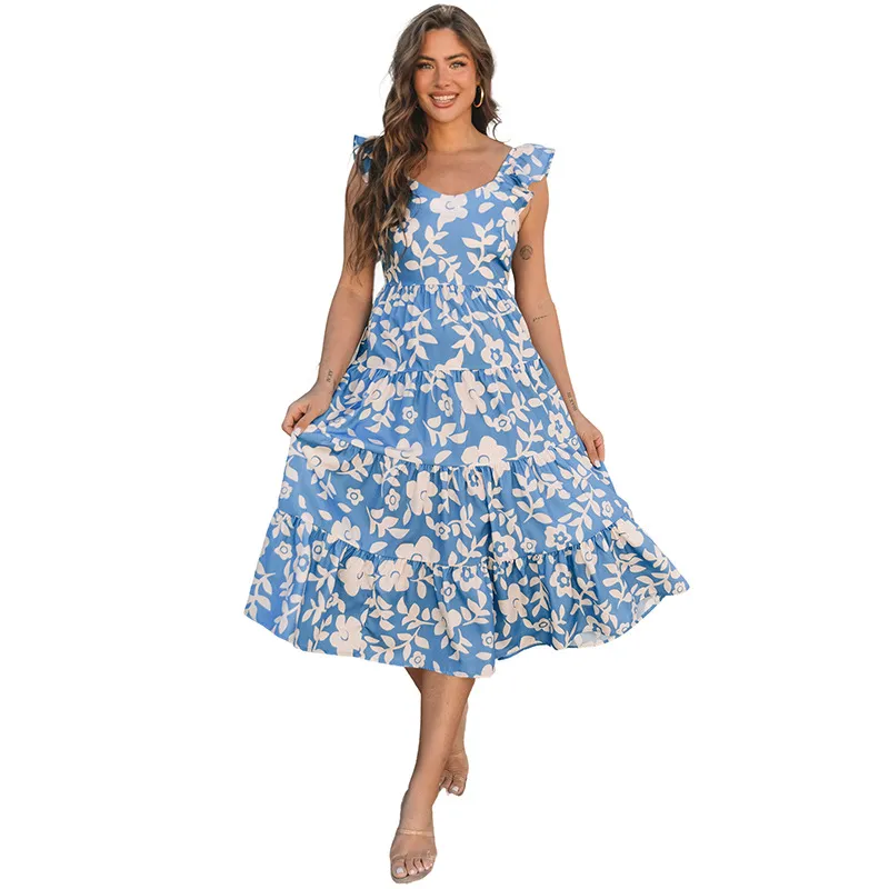 European And American Fashion Floral Print U-collar Dress - Blue