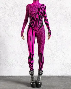 Geometric Print Halloween Costume Catsuit for Women - Hot Pink - View 1