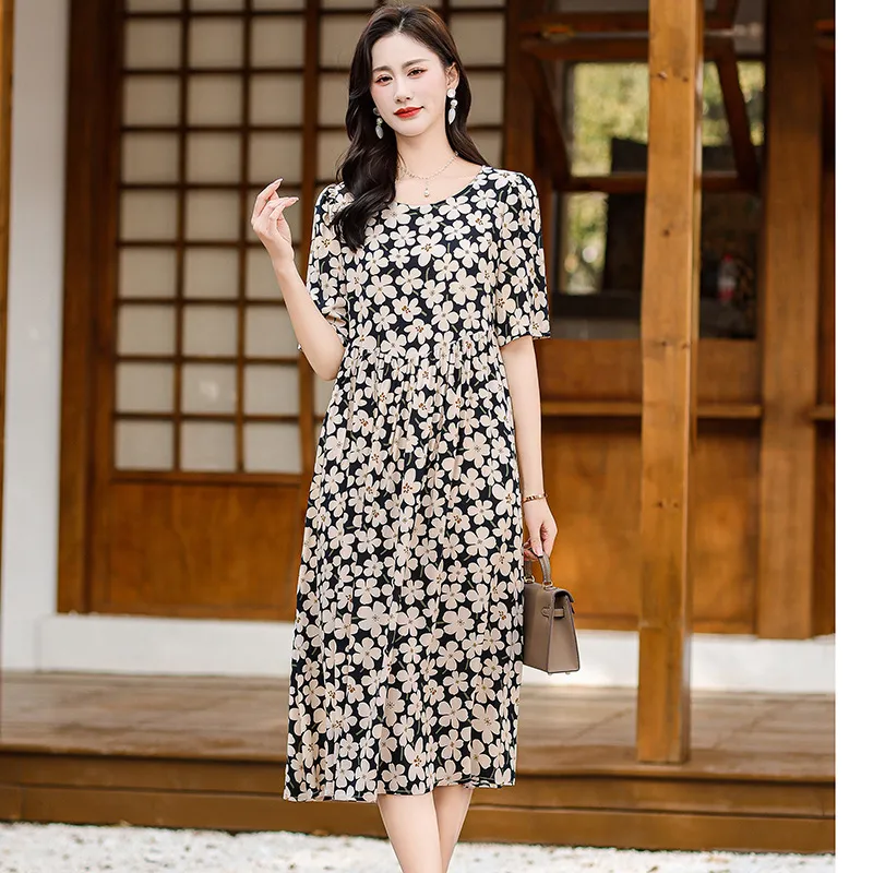 Cotton Silk Fashion Floral Loose Plus Size Outer Wear Dress - No 4