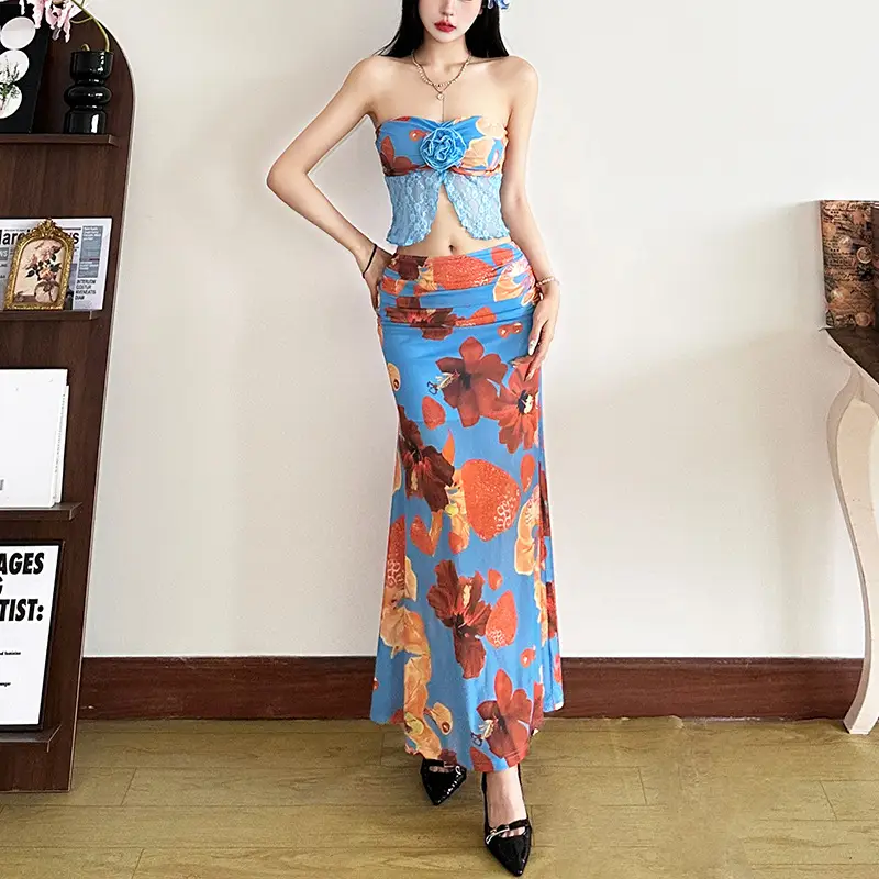 Womens Solid Color Slim-fit Tube Top And Fashionable Low-rise Sheath Midi Skirt