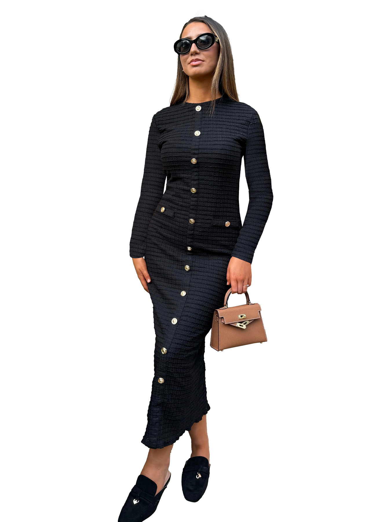 French Retro Slim Fit Slimming Knitted Long sleeved Dress Black - Shop at LoveMi