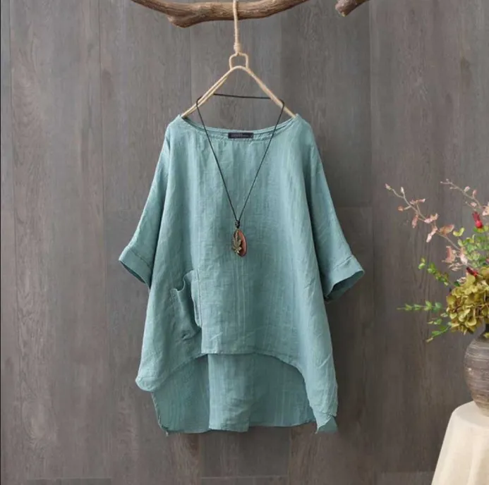 Summer Fashion Plus Size Round Neck Pocket Solid Colour Irregular T-shirt Women Blouse - Light Blue