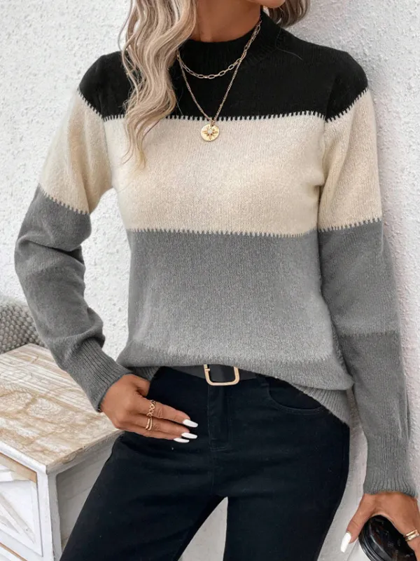 Contrast Color Pullover Round Neck Long Sleeves Knitwear Casual Sweater Gray - Shop at LoveMi