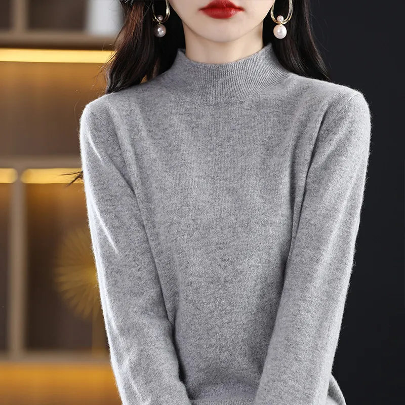 Loose Slimming Thickened New Wool Women's Half Turtleneck Knitted Sweater - Gray