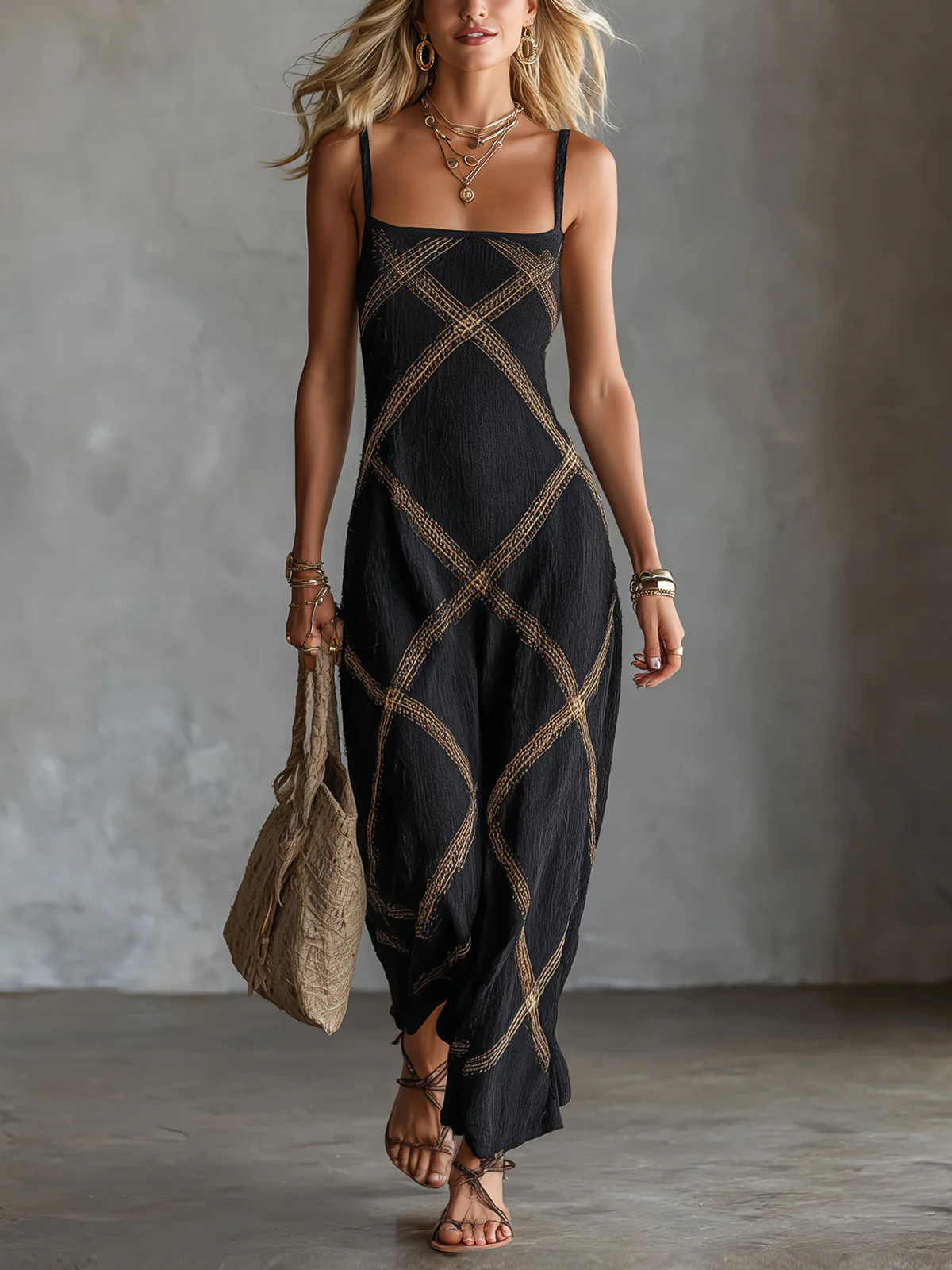 New Arrival Printe Striped And Solid-color Strap Dress