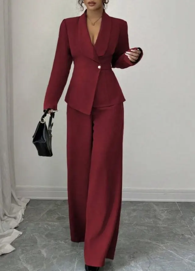 Solid color Long sleeve Straight leg Pants Set For Women Dark Red - Shop at LoveMi