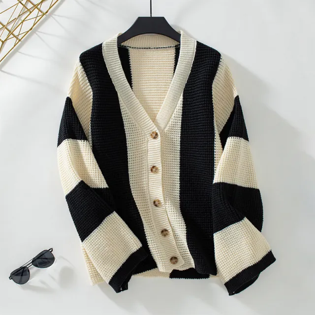 Contrast Color Striped Women's Sweater Cardigan Loose Sweater Apricot - Shop at LoveMi