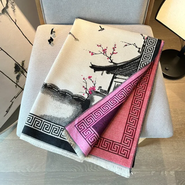 Ink Painting Shawl Outer Match Autumn And Winter Warm Scarf Berry Red - Shop at LoveMi
