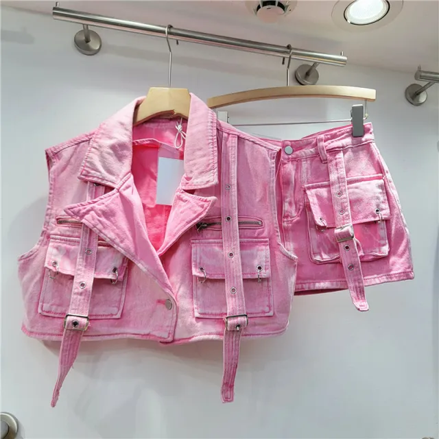 Fashion Retro Workwear Denim Suit Women Pink - Shop at LoveMi