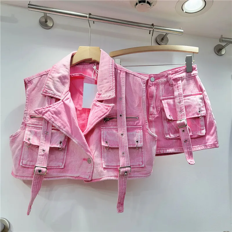 Fashion Retro Workwear Denim Suit Women - Pink