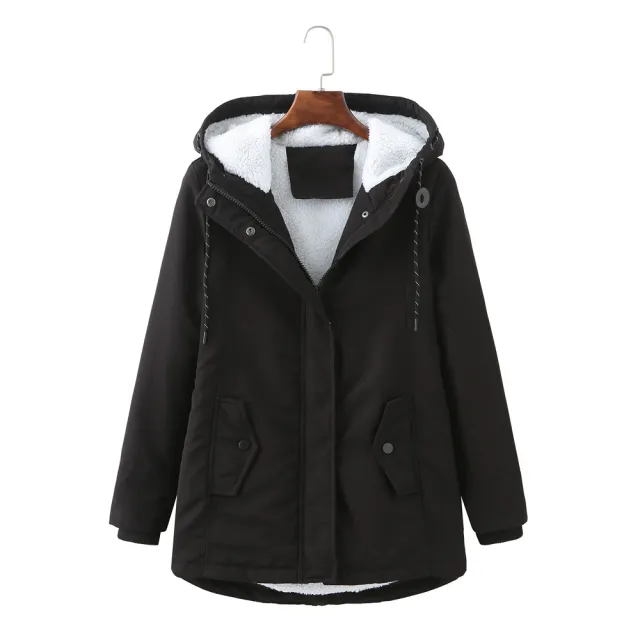 European Size Ladies Hooded Lambswool Parka Winter Warm Waist Women's Cotton padded Coat Black - Shop at LoveMi