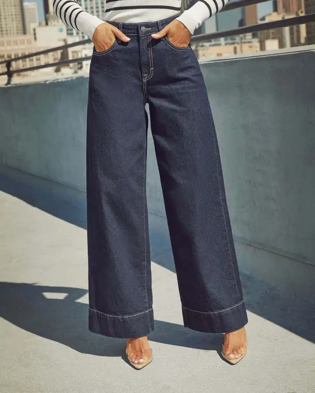 Temperament High Waist Long Wide Leg Jeans For Women Dark Blue - Shop at LoveMi