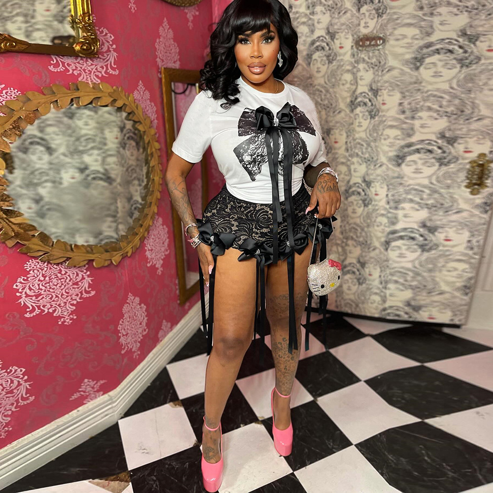 Sexy 3D Butterfly Printed Loose Top Lace Trendy Shorts Suit Women