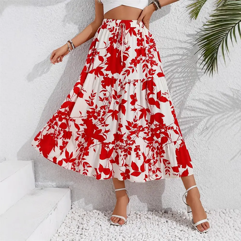 Floral Print Pleated Maxi Skirt Made Of Polyester Non-stretch