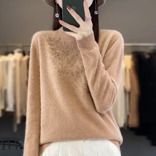 Women's Loose And Versatile Semi High Neck Knitted Sweater Camel - Shop at LoveMi