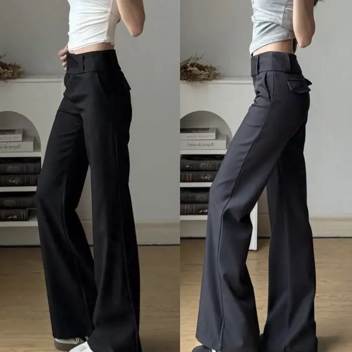 Short-statured Edgy Buttoned Bootcut Suit Pants