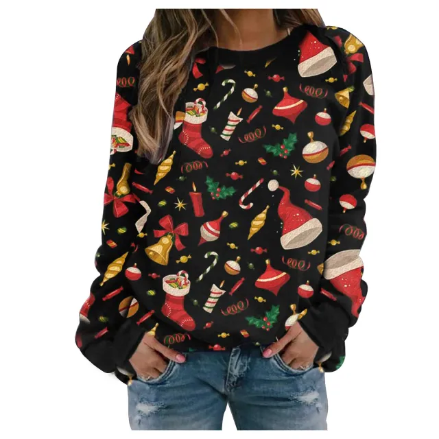 European And American Christmas Printed Round Neck Long Sleeve Fleece Sweater Black - Shop at LoveMi