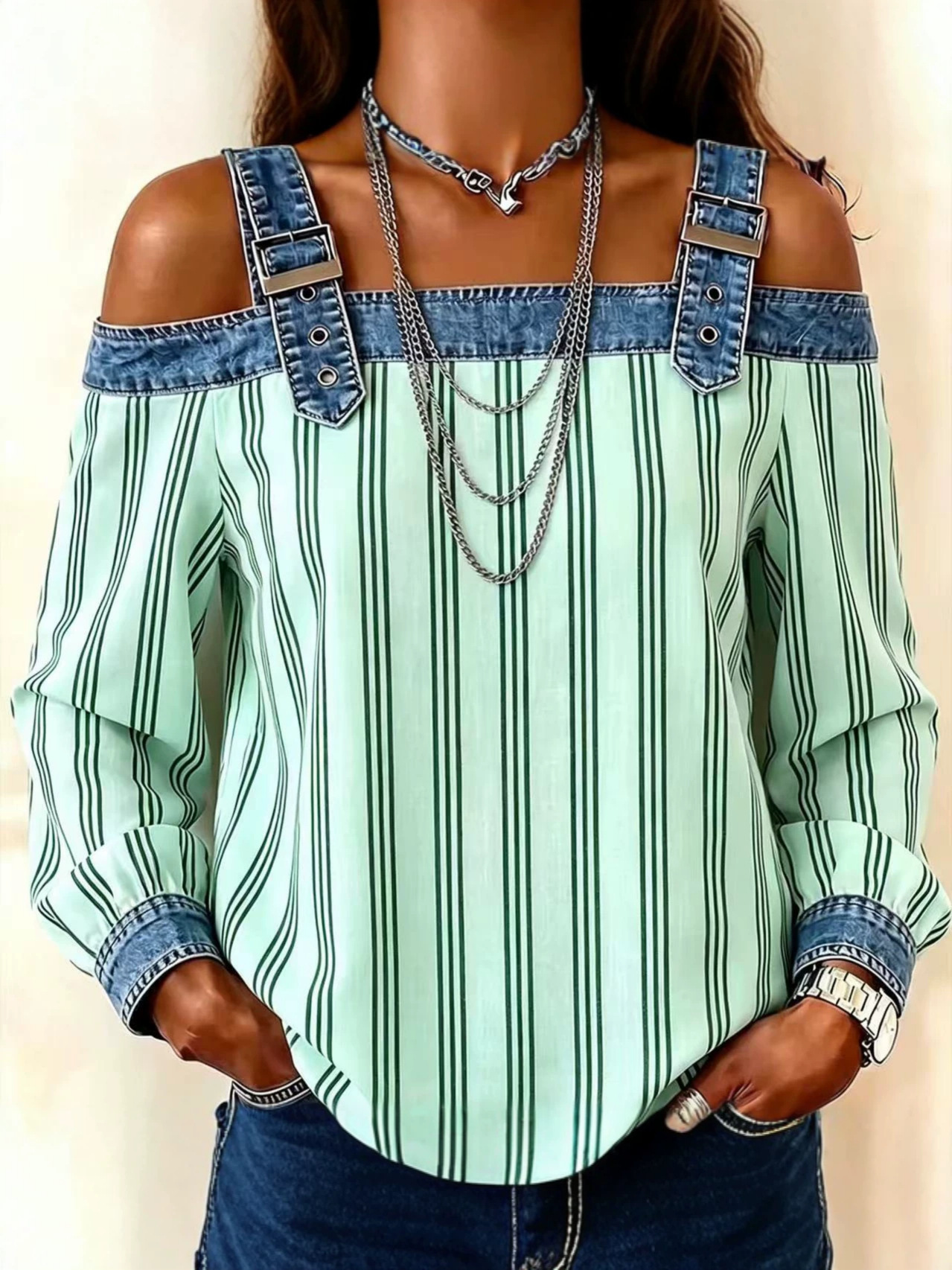 Womens Denim Patchwork Off-Shoulder Top