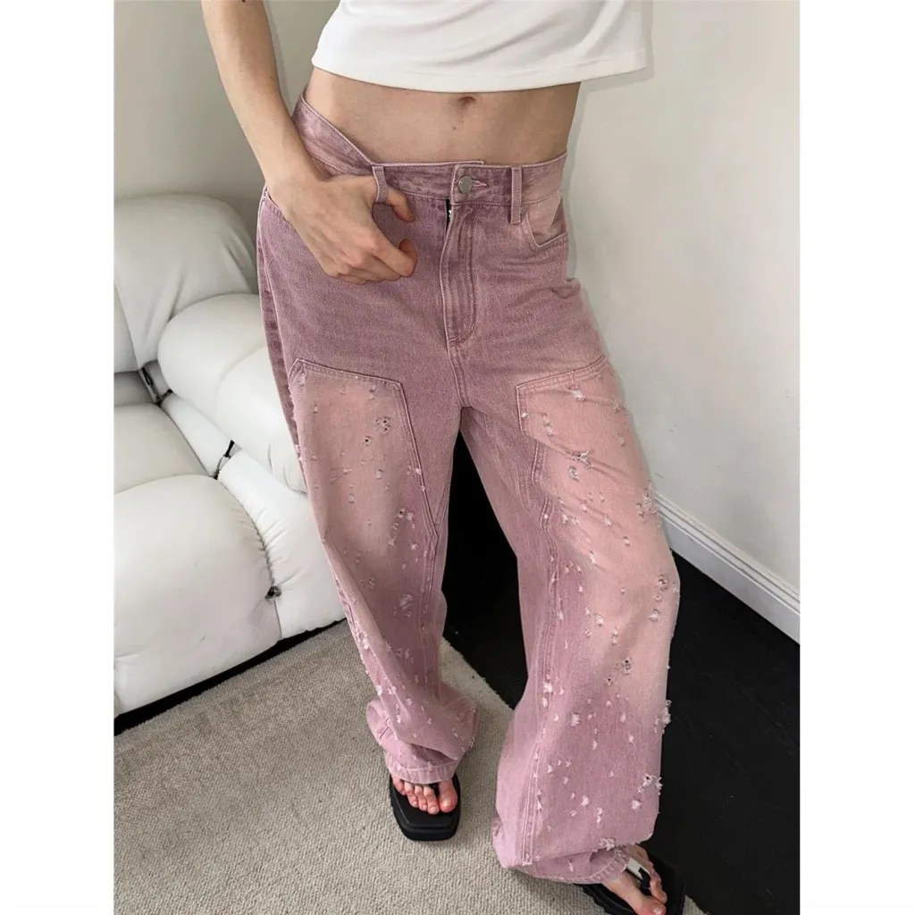 Make Old Ripped Summer Retro Jeans - Pink Purple