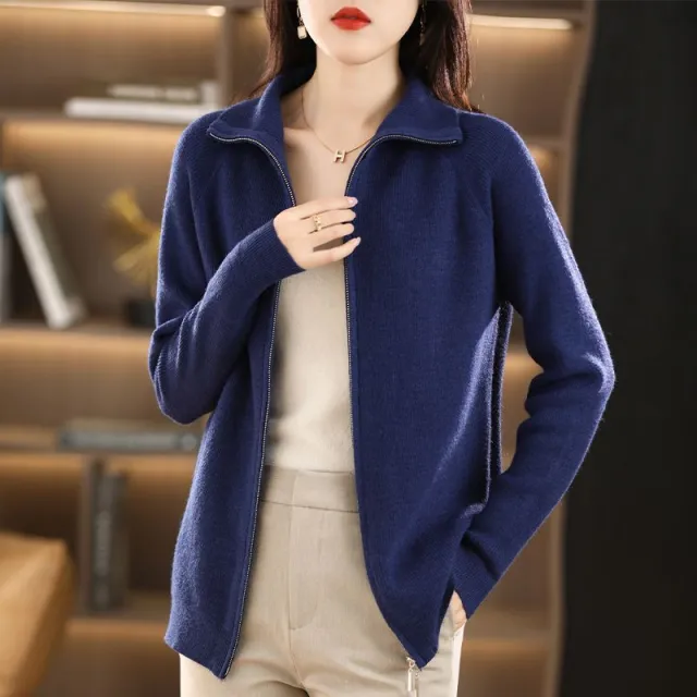Zipper Sweater Women's Large Lapel Knitted Cardigan Thick Coat Elegant Blue - Shop at LoveMi